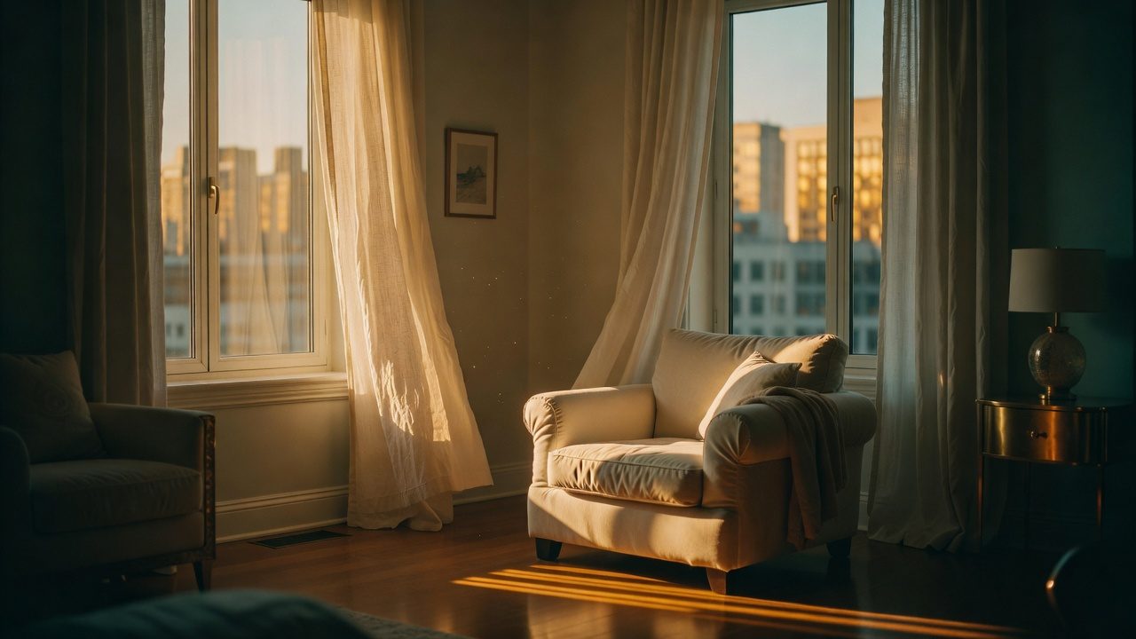 Šiuolaikinio buto interjeras su miesto vaizdu